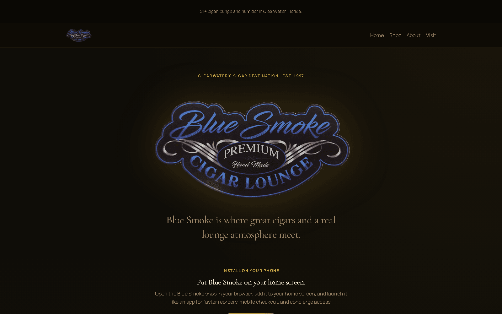 Blue Smoke website homepage showcasing the lounge, humidor, and online shop experience.