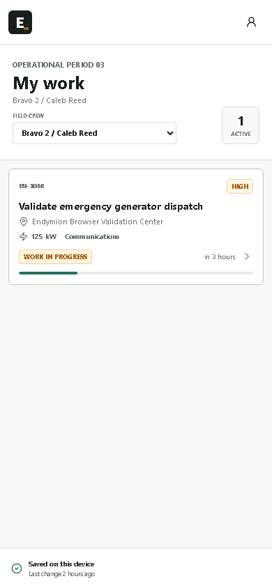 Endymion Field mobile work list showing an assigned mission and device-saved status.