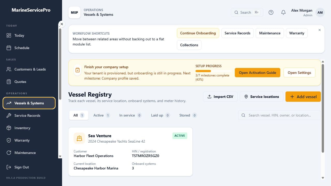 MarineServicePro vessel registry showing customers, vessels, onboard systems, and service context.